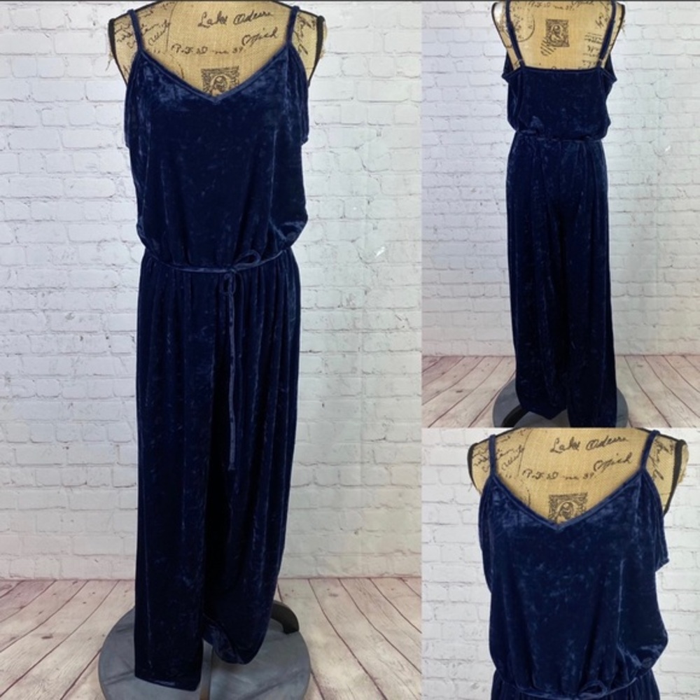Aerie Midnight Blue Crush Velvet Belted Jumpsuit